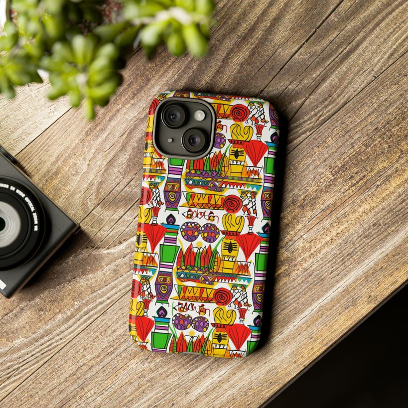 African print depicting jars and feathers on phone