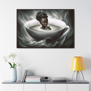 A painting of an African girl bathing in a teacup hanging on a wall