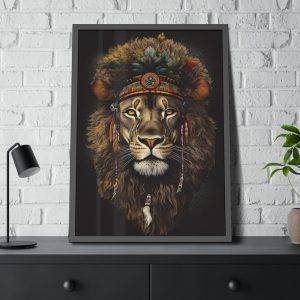 painting of African lion wearing headgear like a tribal chief on white wall