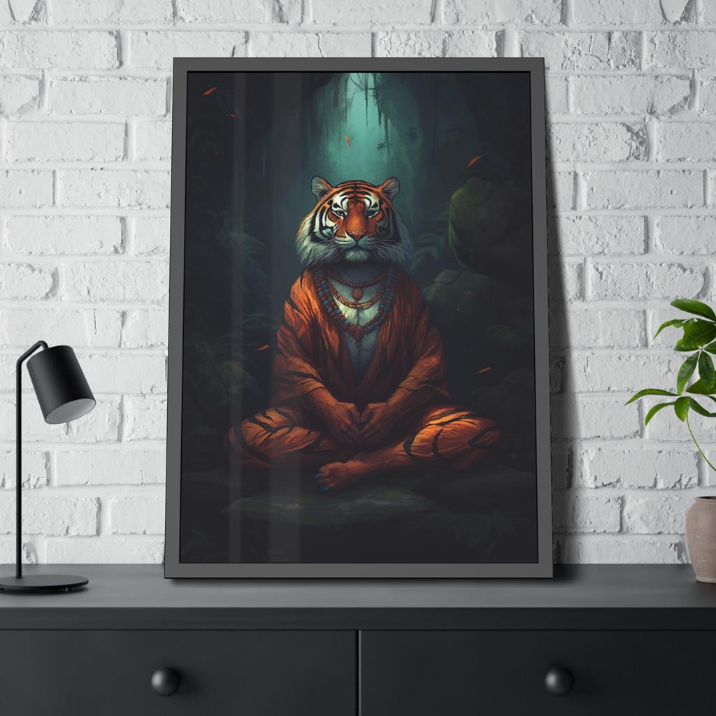 Painting of a meditating tiger wearing an orange robe sitting in a forest, against a white wall
