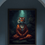 Painting of a meditating tiger wearing an orange robe sitting in a forest, on a dark wall
