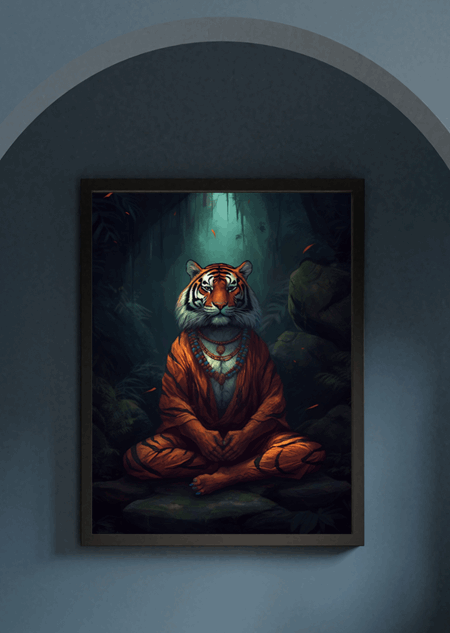 Painting of a meditating tiger wearing an orange robe sitting in a forest, on a dark wall