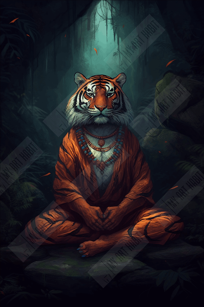 A meditating tiger wearing an orange robe sitting in a forest