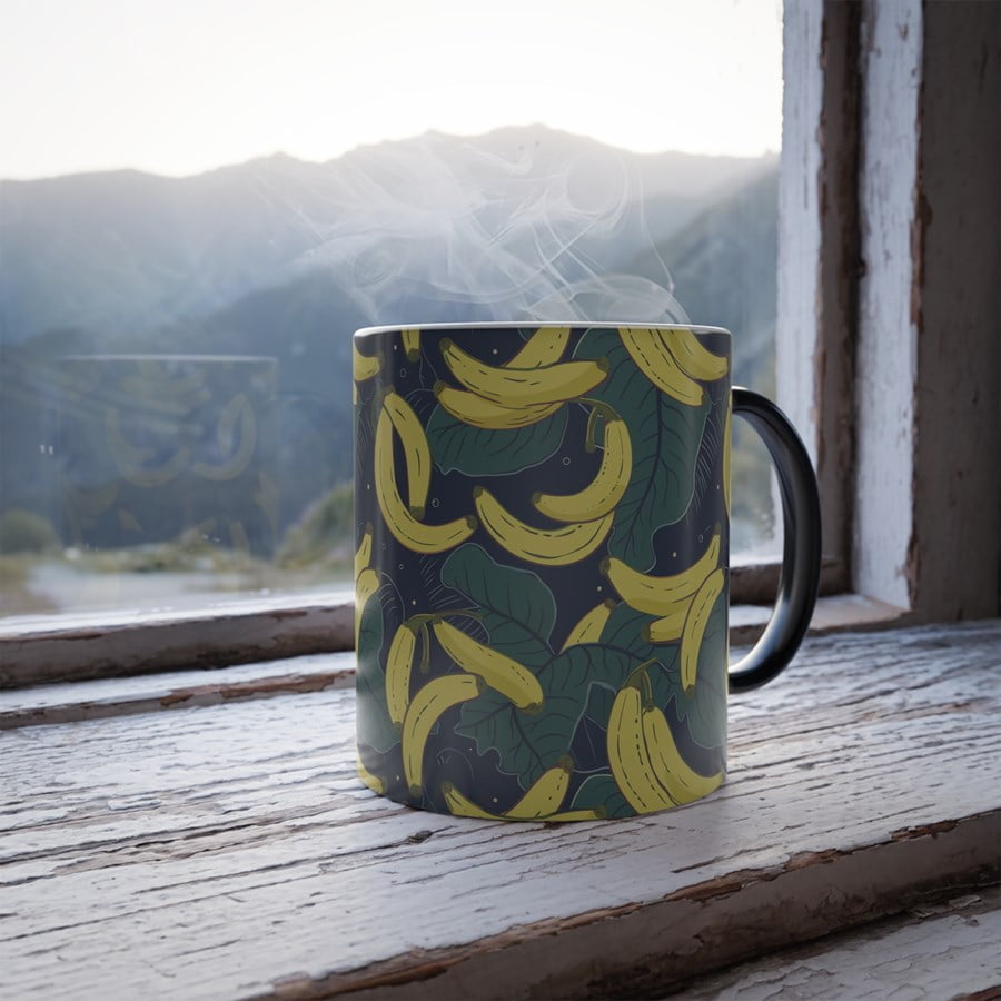 Pattern of bananas on a dark background printed on a mug