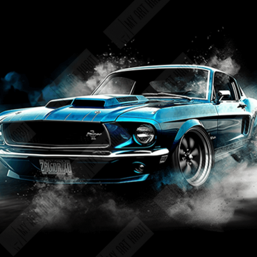 Artwork of a blue Ford Mustang wheelspin