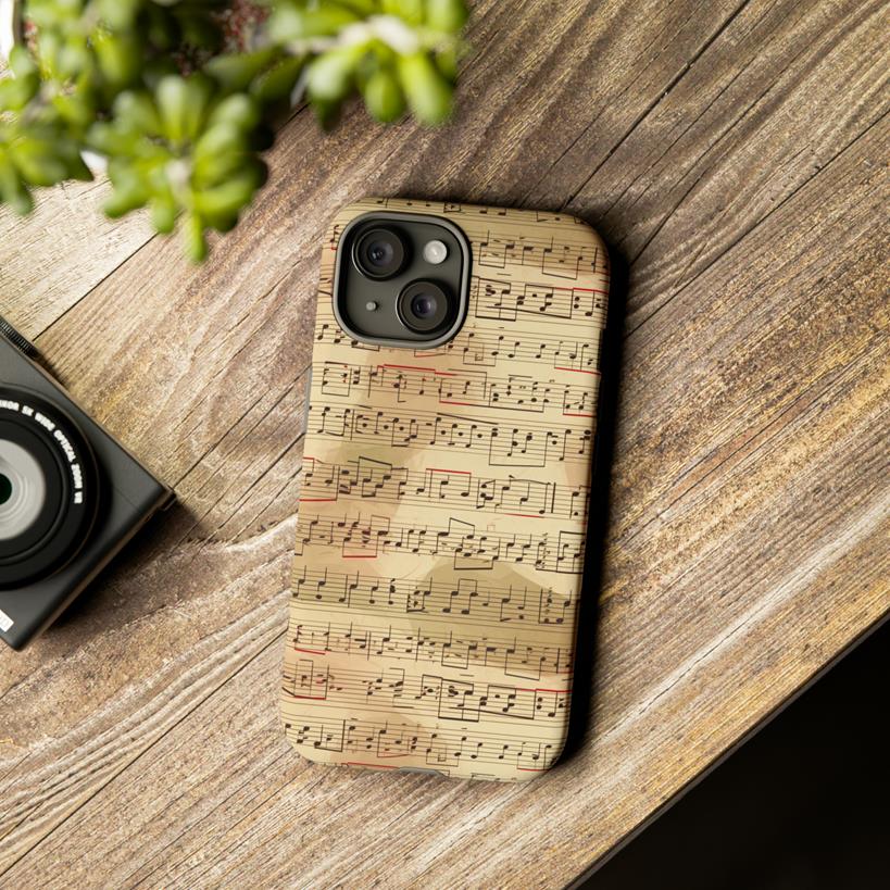 Sheet music repeat pattern with light brown background on phone cover