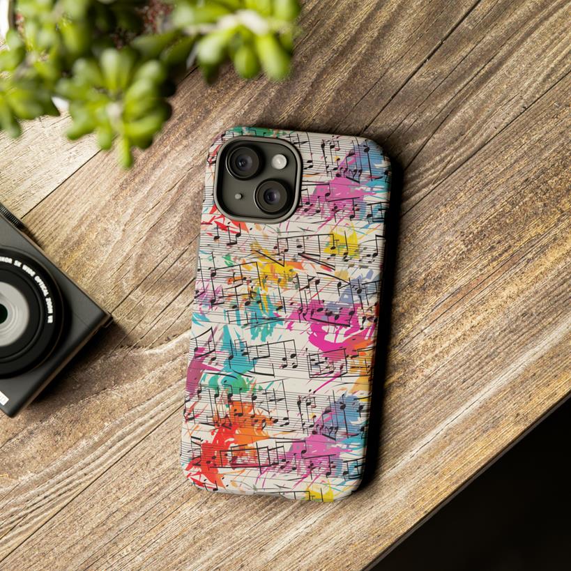 Sheet music repeat pattern with retro graffiti paint background on phone cover