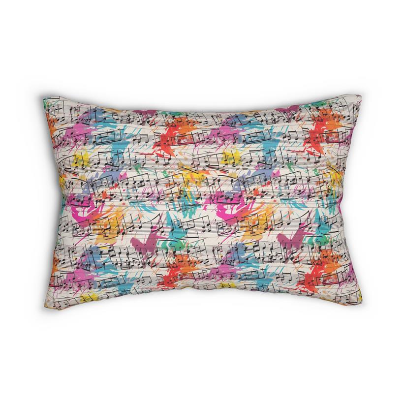 Sheet music repeat pattern with retro graffiti paint background on pillow