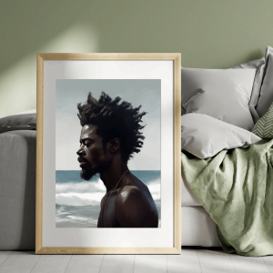 Framed portrait painting of an African man with the sea behind him