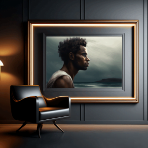 Painting of an African man looking out to sea with an island in the background