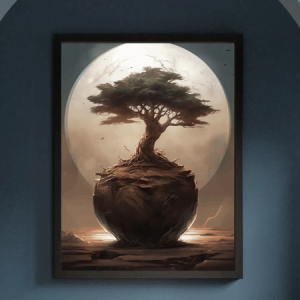 Painting of a bonsai tree sitting on a ball of earth with a glowing moon in the background