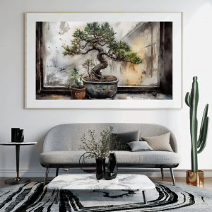 Painting of a bonsai tree on a windowsill, framed on a lounge wall