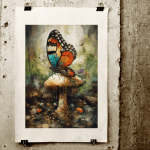 A print of a painting of a butterfly sitting perched on a mushroom