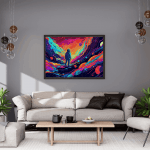 Lounge with a psychedelic painting of an astronaut standing amongst colorful clouds and planets