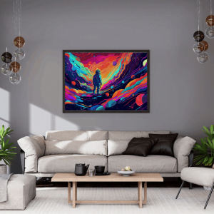 Lounge with a psychedelic painting of an astronaut standing amongst colorful clouds and planets