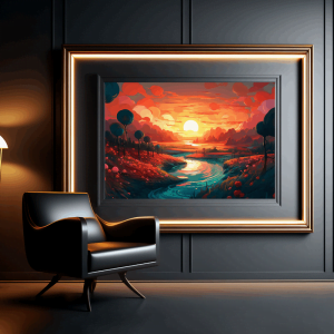A framed picture of a psychedelic image with warm hues showing river flowing towards a dreamy sunrise