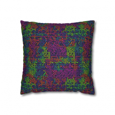 A colorful neon maze repeat pattern printed on a cushion