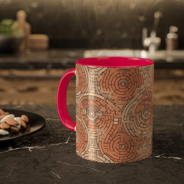 A labyrinth style repeat seamless pattern on a mug