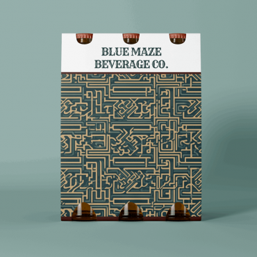 A blue and sand colored maze repeat pattern on beer packaging