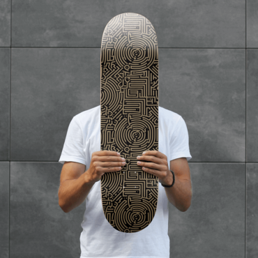A labyrinth style repeat seamless pattern print on a skateboard