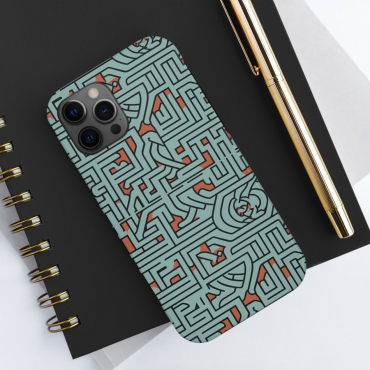 A blue maze repeat seamless pattern with hints of red printed on a phone cover