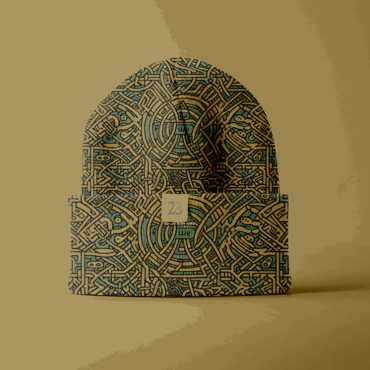 A maze pattern with swirling routes printed on a winter hat