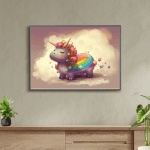 Painting of a plump little pony with horns, and a rainbow on its back