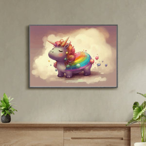 Painting of a plump little pony with horns, and a rainbow on its back