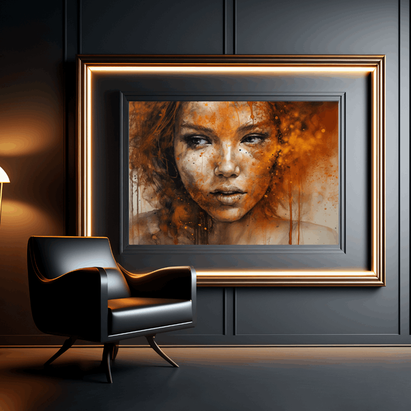 Painted portrait of a beautiful redhead in a unique untidy style with paint drips and splatters