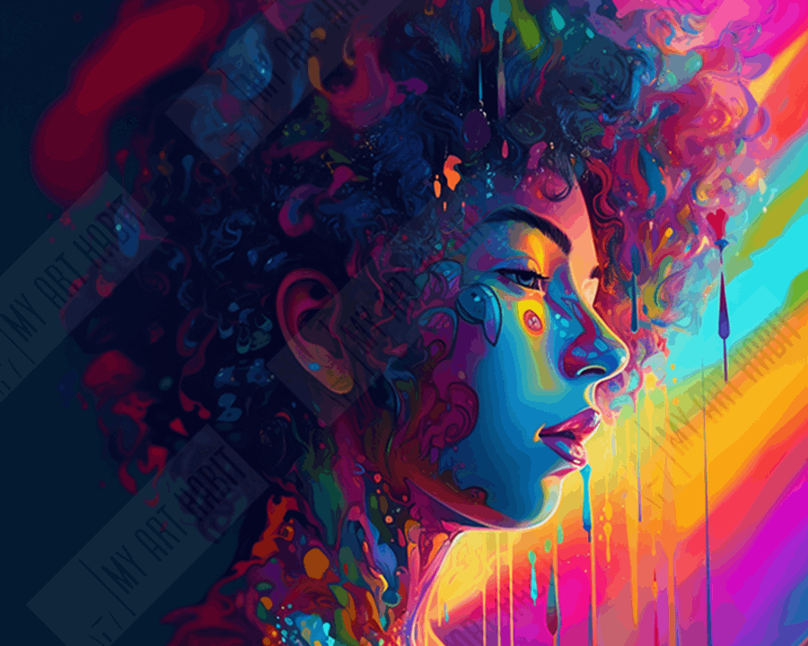 Psychedelic painting of a cute woman with neon paint dripping from her hair and skin